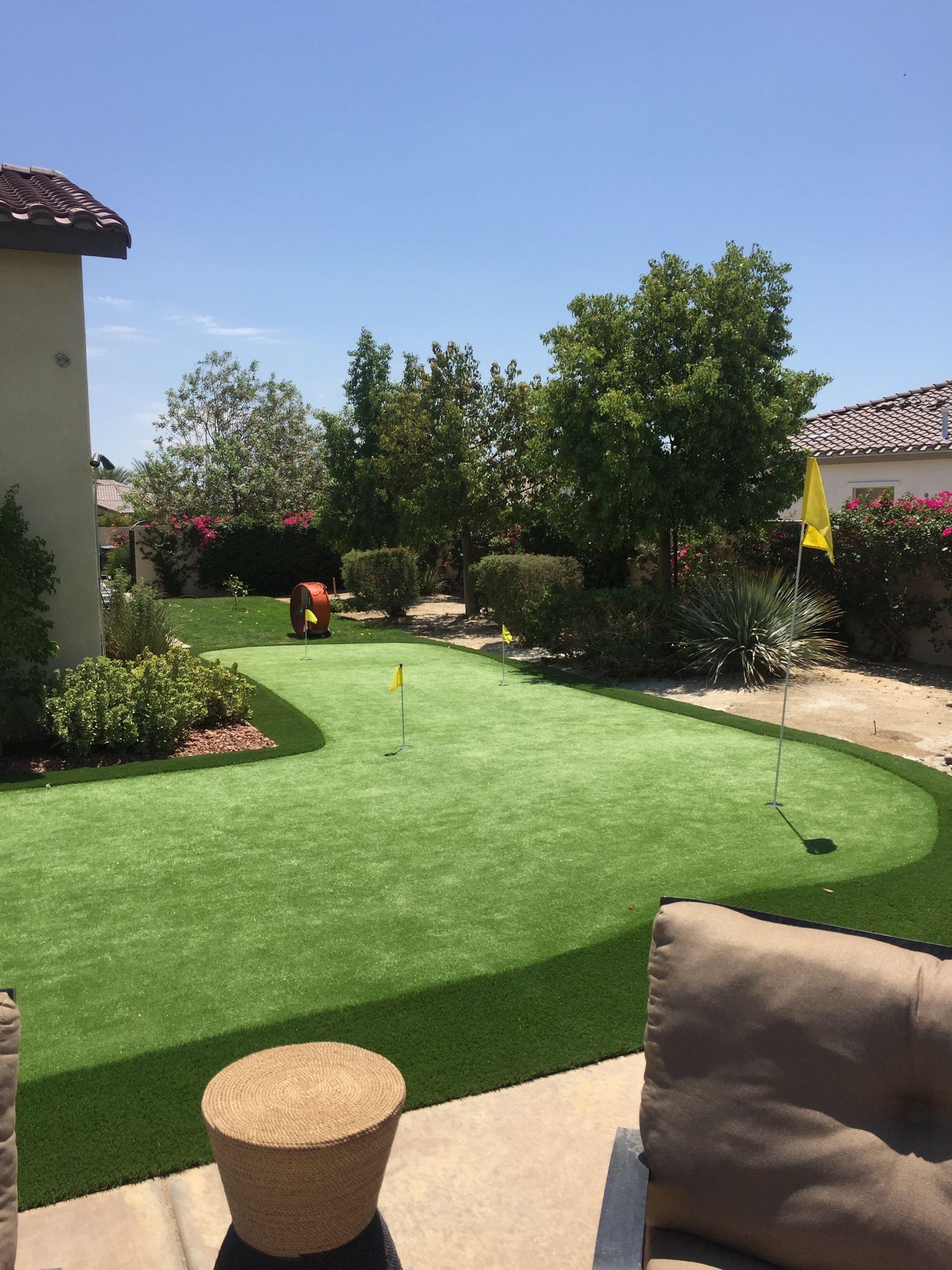 Putting green and lawn with palm trees and desert mountains