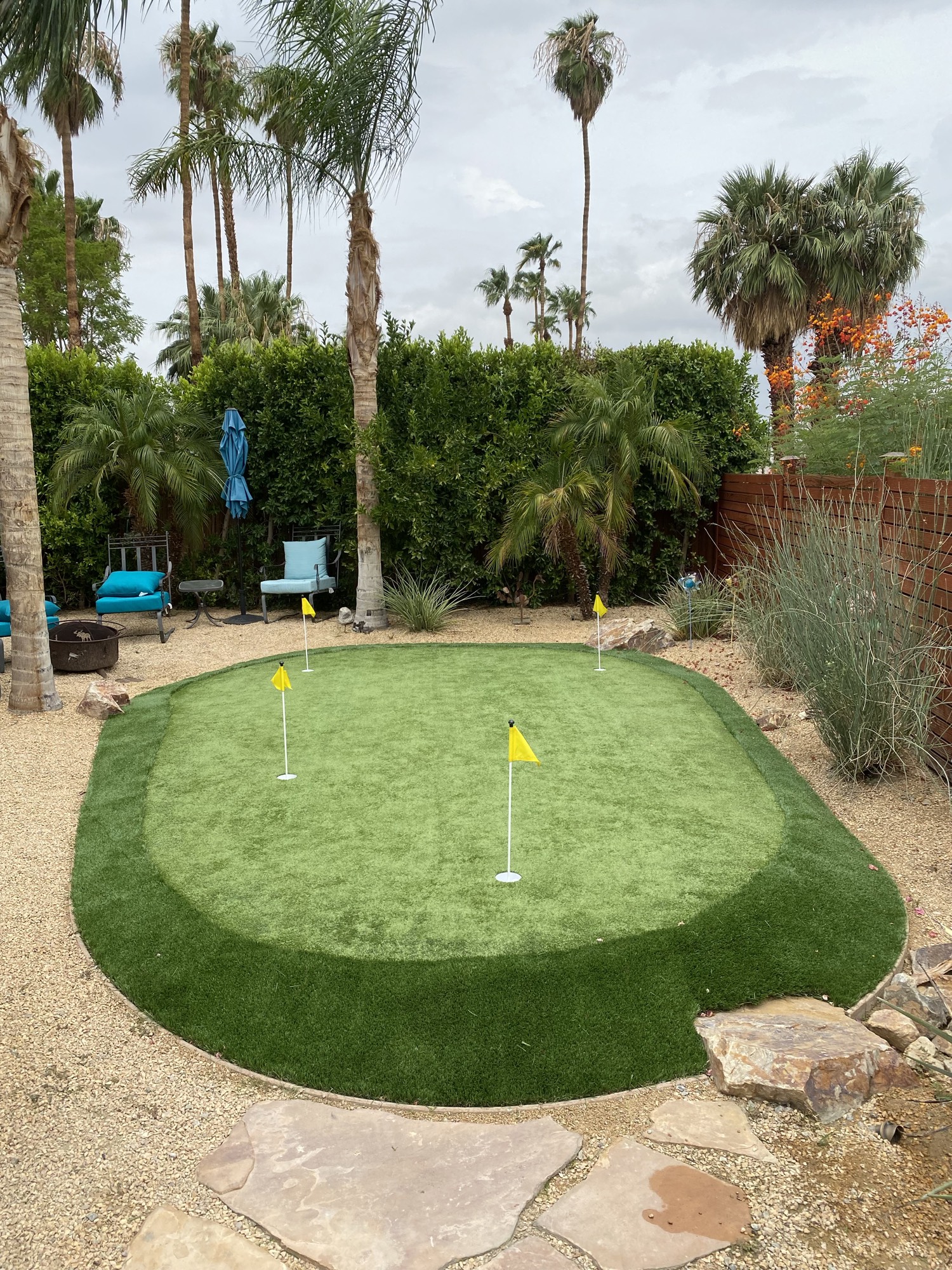 Oval backyard putting green with a collar and four yellow flagsticks